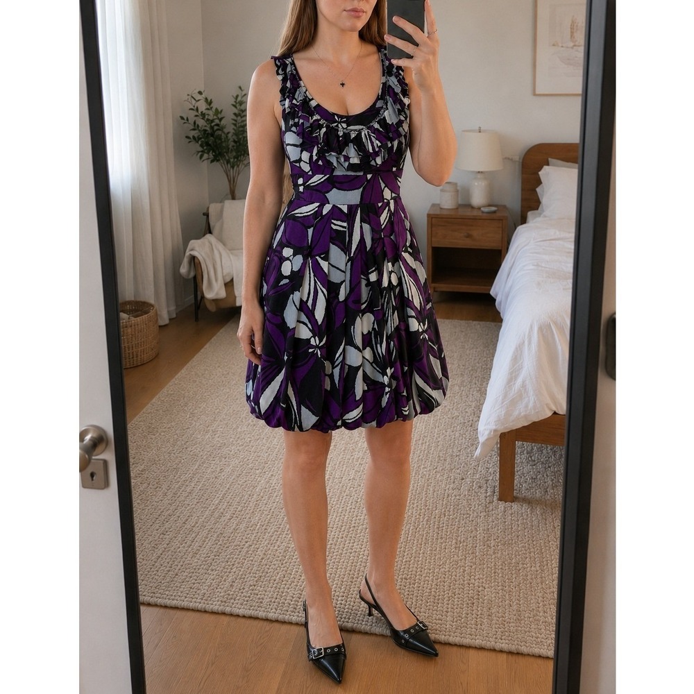Y2K Babydoll Bubble Hem Mini Dress L Purple‎ Floral Ruffle Party Indie Retro